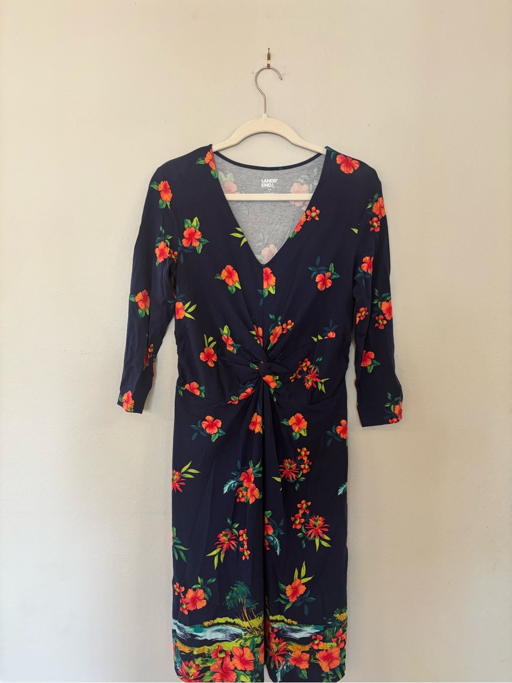Lands' End Navy Floral Knot-Front Midi Dress